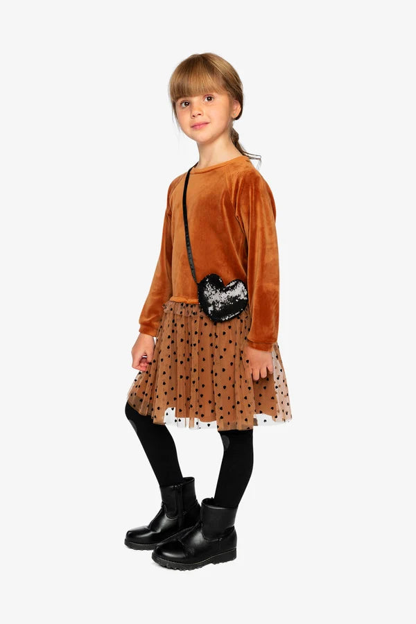 Deux Par Deux Girls Velvet & Tulle Dress   J20H86   Mocha Bisque