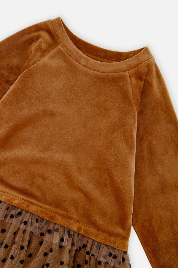 Deux Par Deux Girls Velvet & Tulle Dress   J20H86   Mocha Bisque