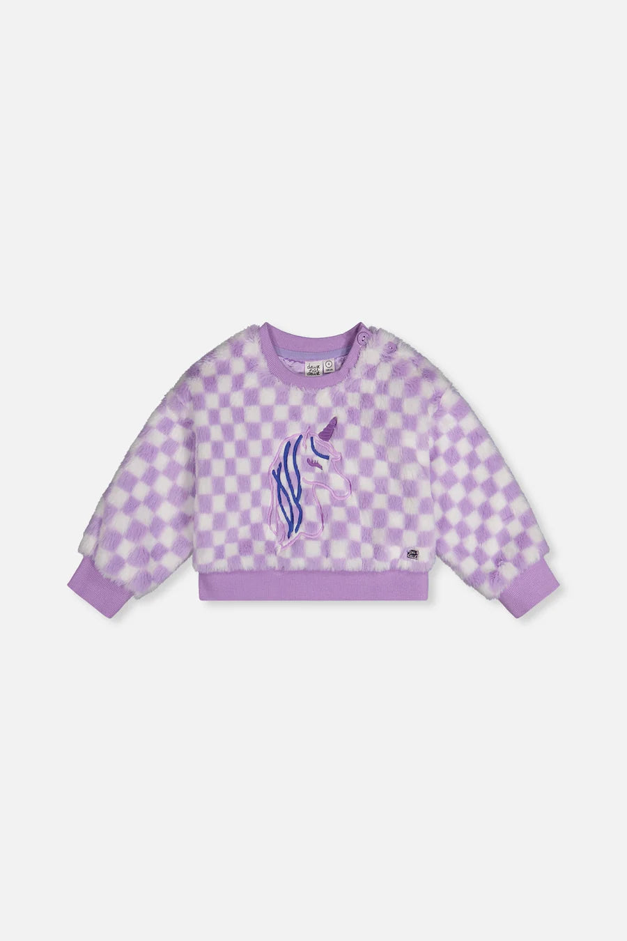 Deux Par Deux Girls Fun Fur Pullover   J20L30   Checkered Lilac/Off White