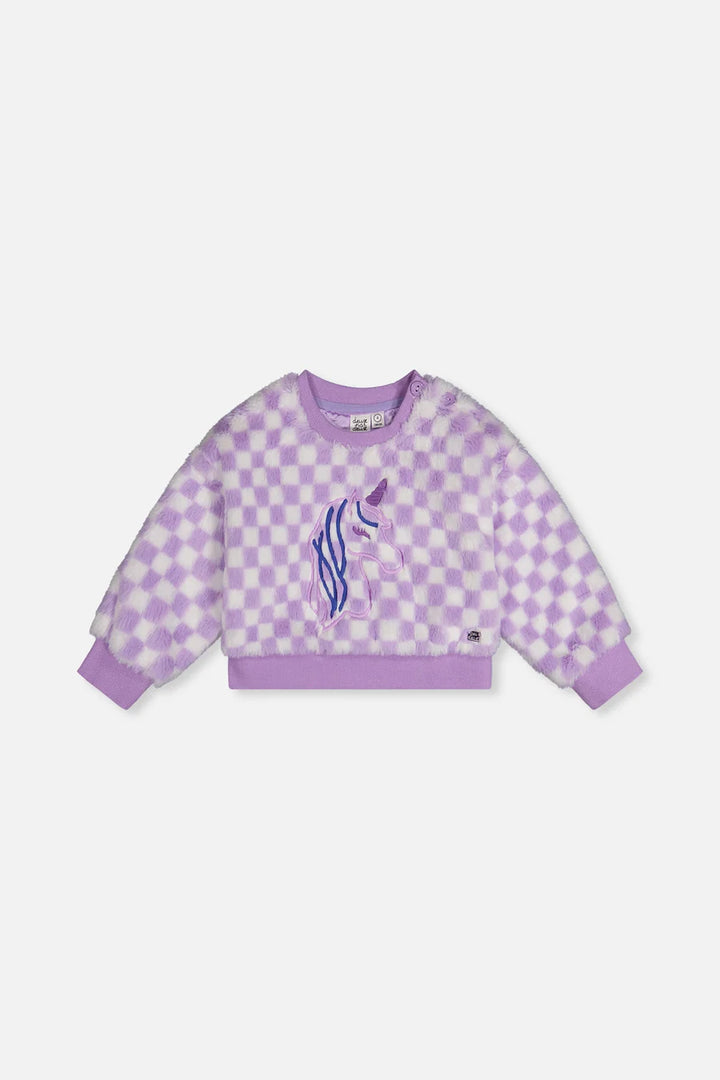 Deux Par Deux Girls Fun Fur Pullover   J20L30   Checkered Lilac/Off White