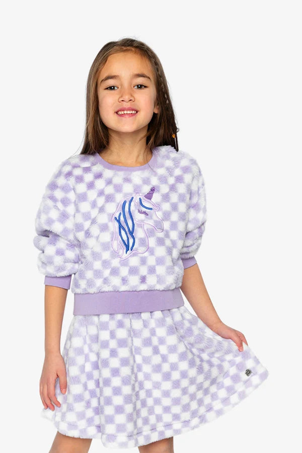 Deux Par Deux Girls Fun Fur Pullover   J20L30   Checkered Lilac/Off White