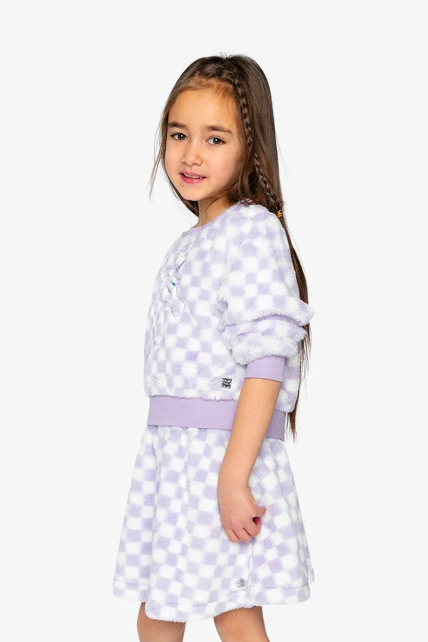 Deux Par Deux Girls Fun Fur Pullover   J20L30   Checkered Lilac/Off White