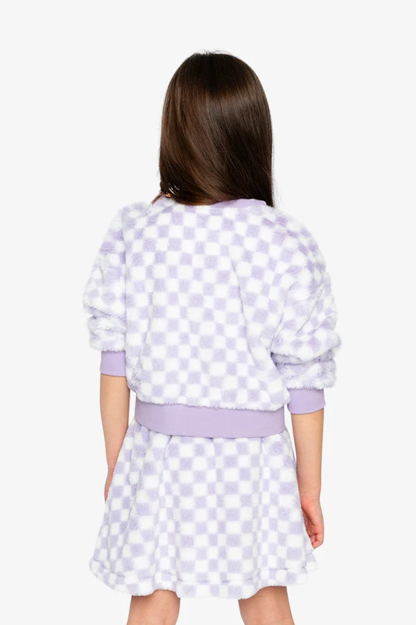 Deux Par Deux Girls Fun Fur Pullover   J20L30   Checkered Lilac/Off White