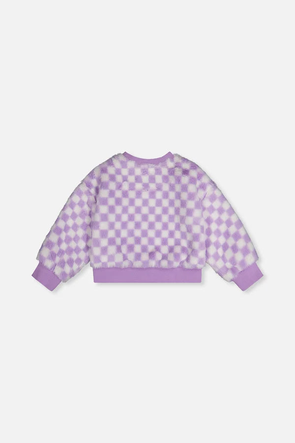 Deux Par Deux Girls Fun Fur Pullover   J20L30   Checkered Lilac/Off White