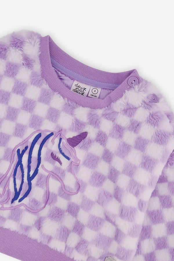 Deux Par Deux Girls Fun Fur Pullover   J20L30   Checkered Lilac/Off White