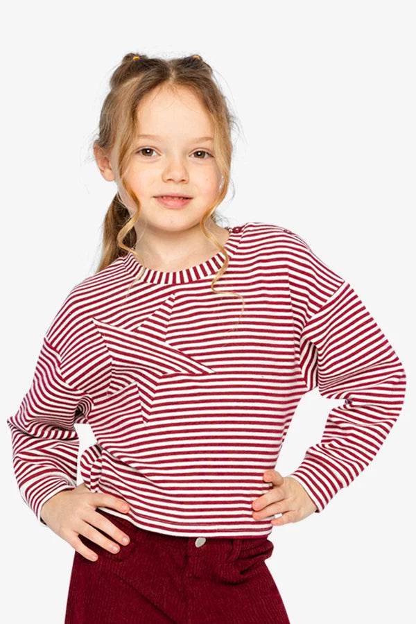Deux Par Deux Girls Striped Jersey Top    J20M71   Burgundy Offwhite Stripes