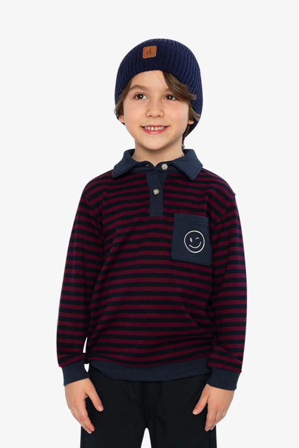 Deux Par Deux Brushed Jersey Top   J20M74   Burgundy Navy Stripes