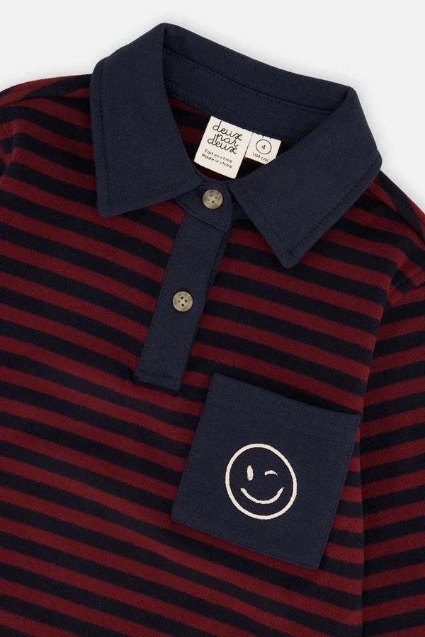 Deux Par Deux Brushed Jersey Top   J20M74   Burgundy Navy Stripes