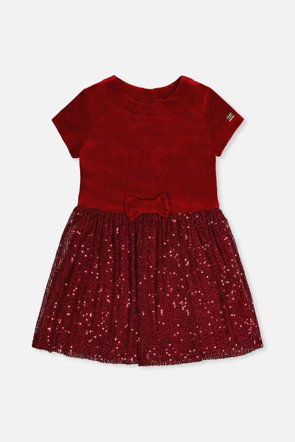 Deux Par Deux Girl Short Sleeve Dress With Sequined Skirt   J20OG90   Rhumba Red