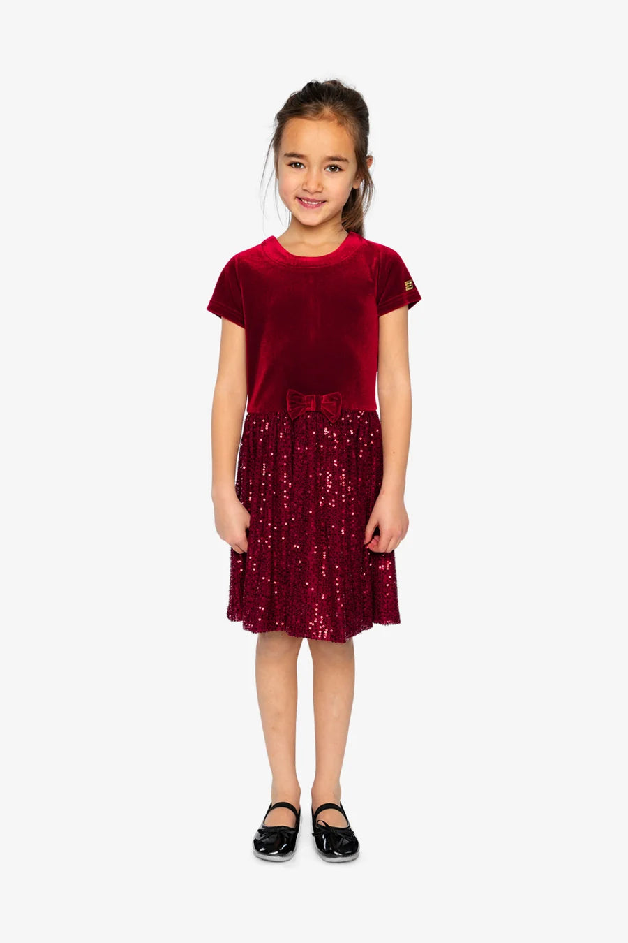 Deux Par Deux Girl Short Sleeve Dress With Sequined Skirt   J20OG90   Rhumba Red