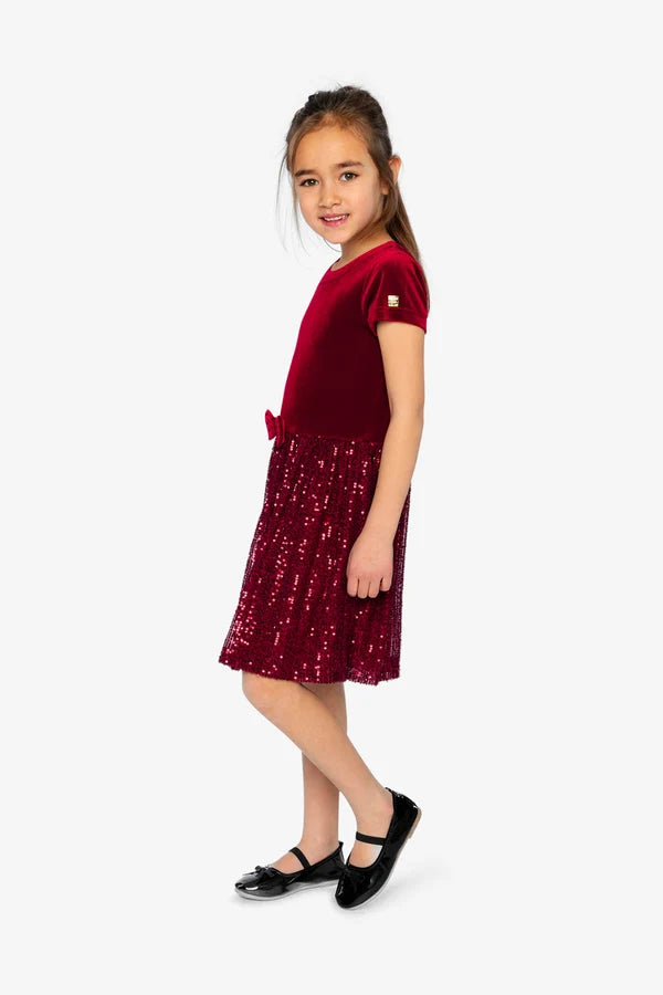 Deux Par Deux Girl Short Sleeve Dress With Sequined Skirt   J20OG90   Rhumba Red