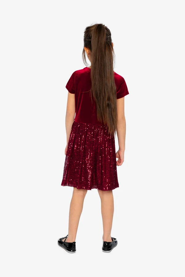 Deux Par Deux Girl Short Sleeve Dress With Sequined Skirt   J20OG90   Rhumba Red