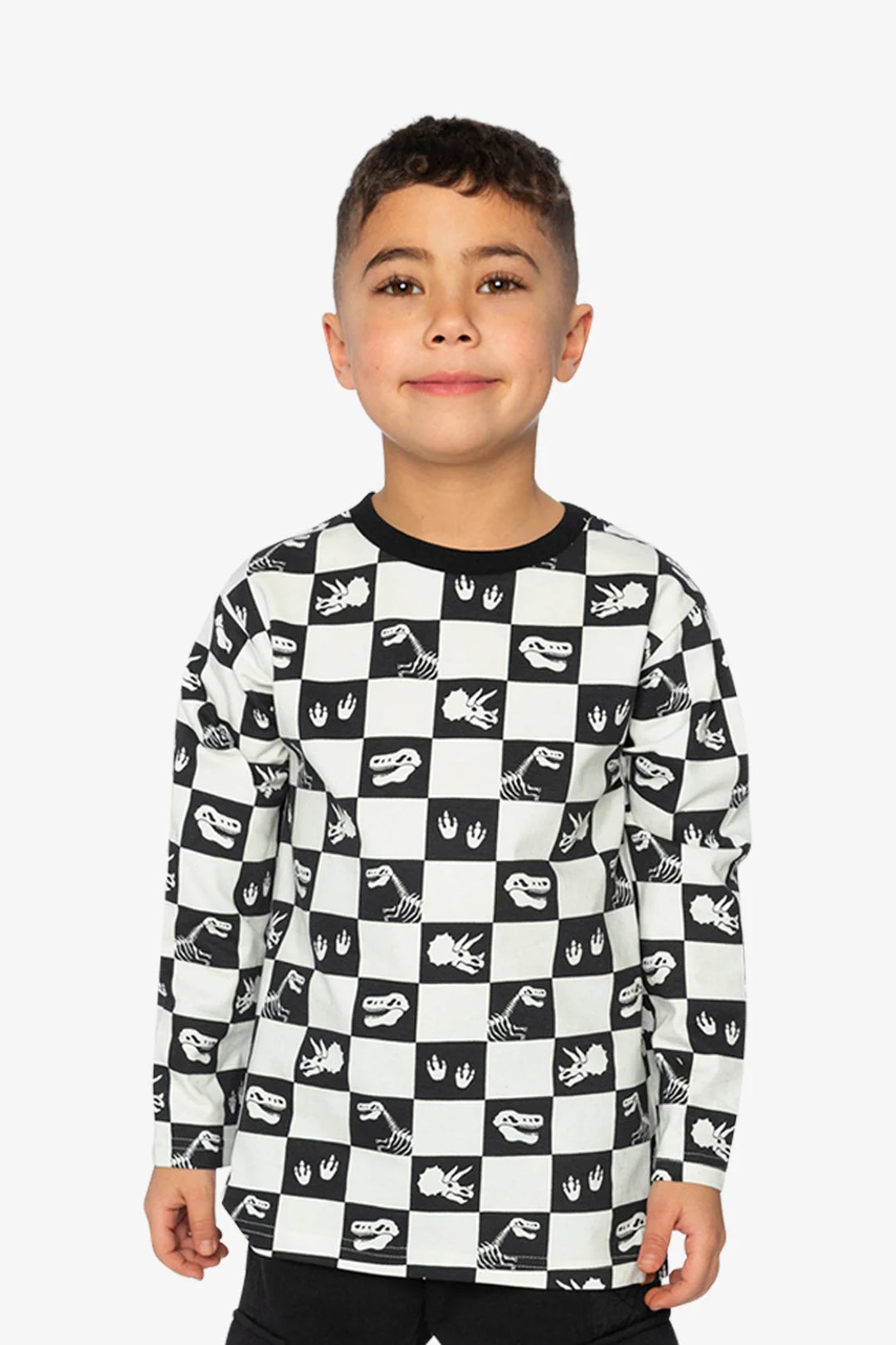 Deux Par Deux Boys Long Sleeve Tee   J20U70   Checkered Dinos