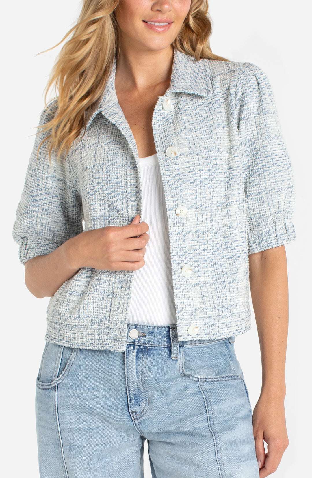 Liverpool Short Puff Sleeve Jacket  LM1C788C17  Cream/Blue Plaid
