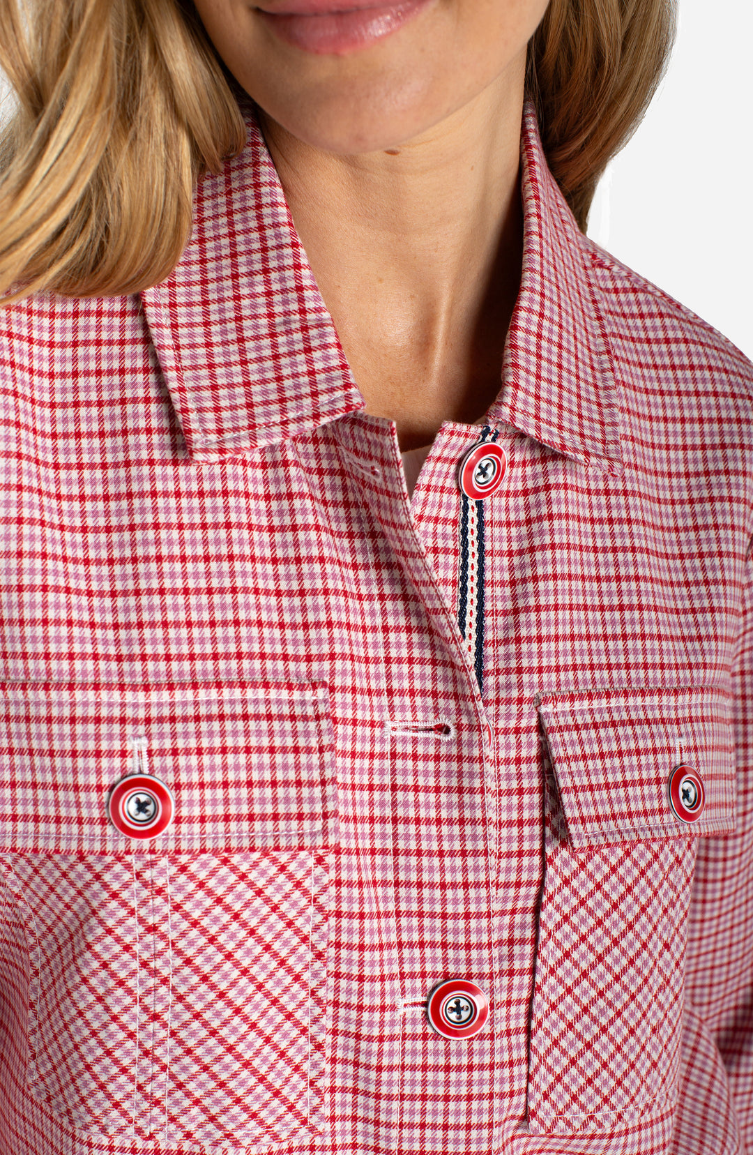 Liverpool Shacket with Flap Pockets  LM1C84TR03  Cherry Red Plaid