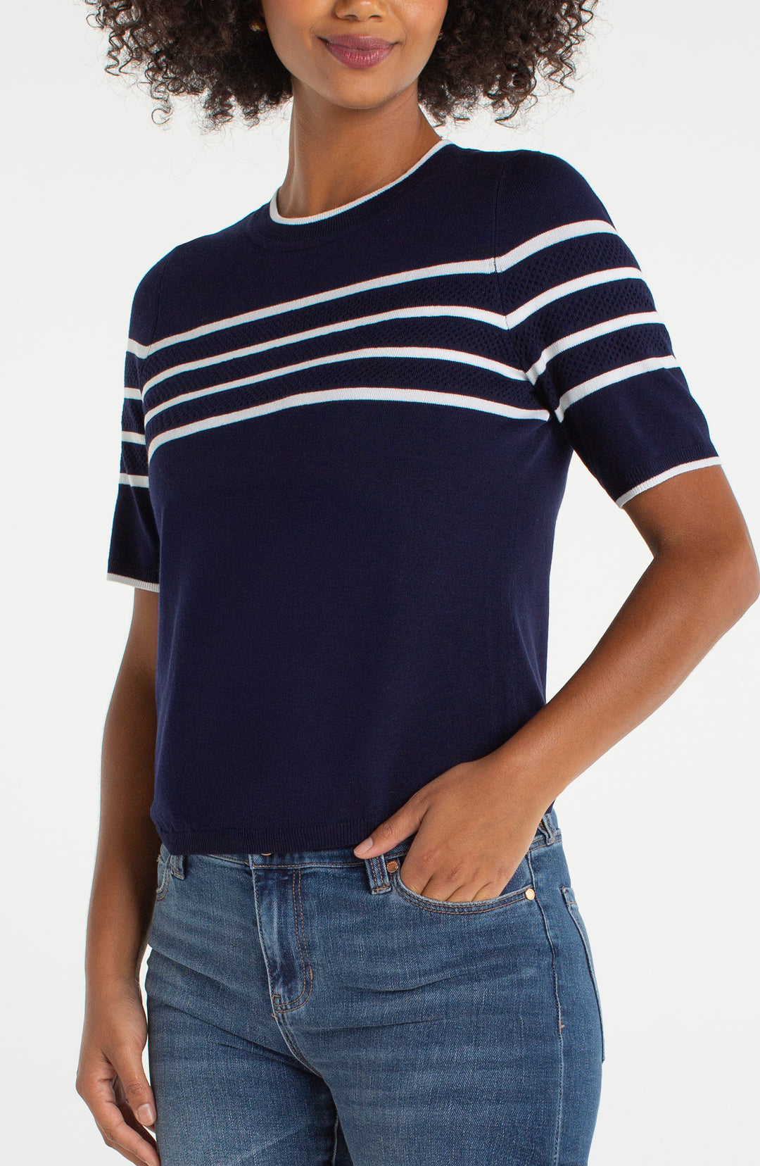 Liverpool Short Sleeve Crew Neck Sweater  LM8J92SR22  Navy/White Stripe