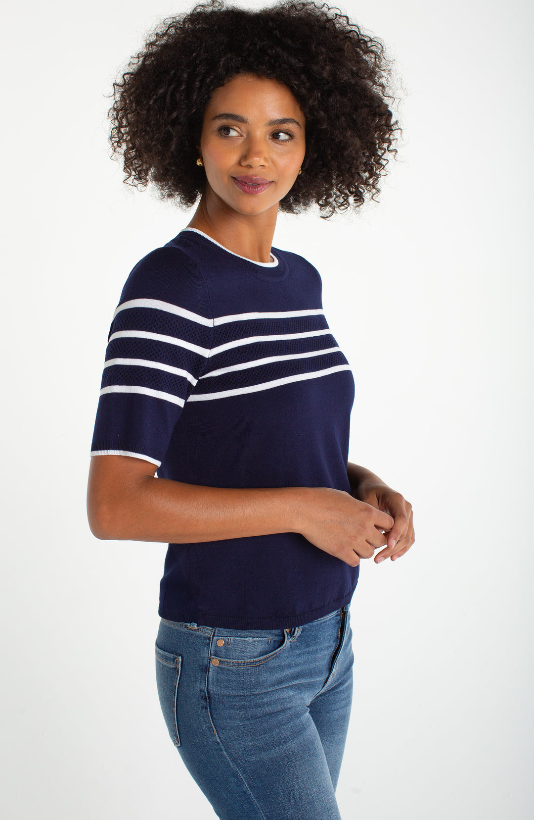 Liverpool Short Sleeve Crew Neck Sweater  LM8J92SR22  Navy/White Stripe