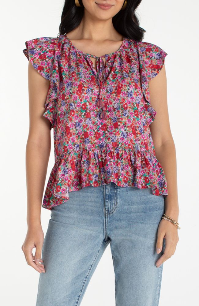 Liverpool Flutter Sleeve Peplum Top  LM8k65PW3P43  Pink Multi Floral