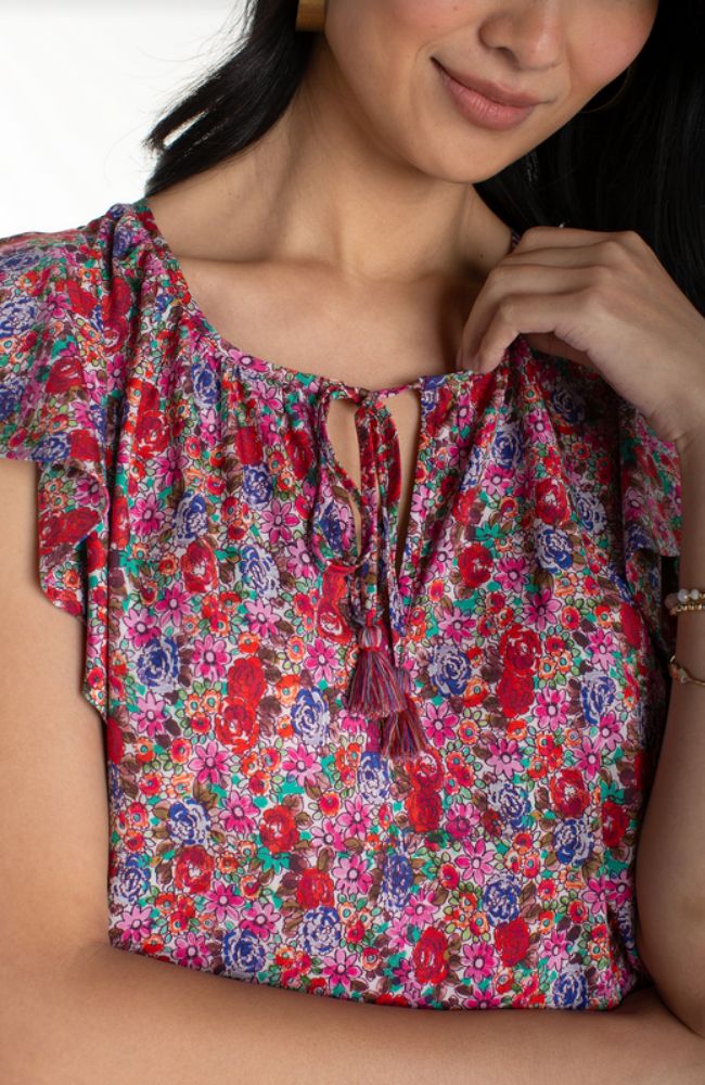 Liverpool Flutter Sleeve Peplum Top  LM8k65PW3P43  Pink Multi Floral