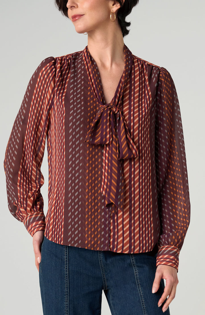 Liverpool Long Sleeve Blouse with Neck Tie  LM8L72HD4P59  Burgundy Rust Multi Stripe