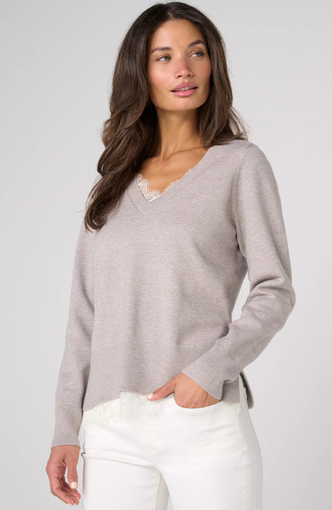 LiverpoolV-Neck Sweater with Lace  LM8M47SE16  Soft Grey Heather