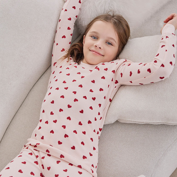 Petit Lem Girls PJ Set  - Pink Hearts on Peony Waffle