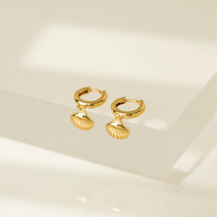 Lovers Tempo Demi-Fine Shell Charm Huggie Drop Hoop Earrings Gold*