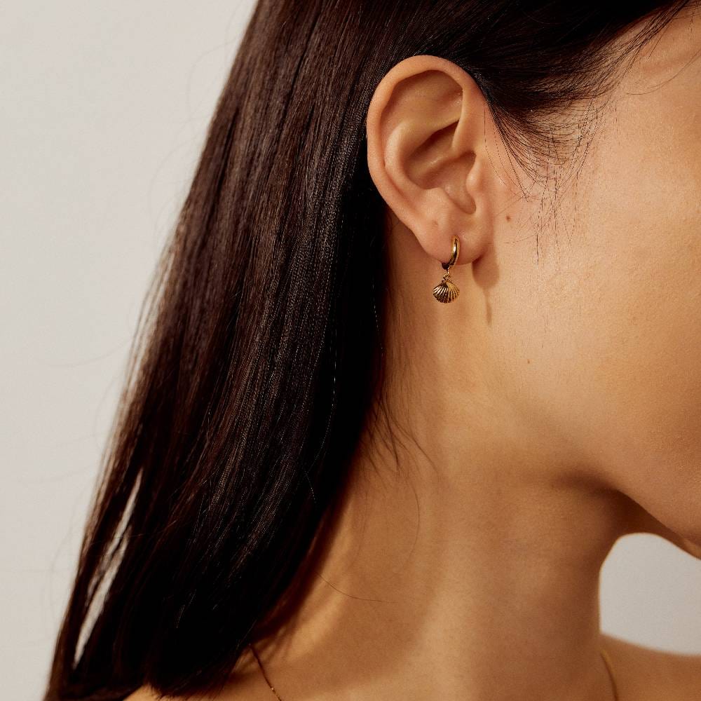 Lovers Tempo Demi-Fine Shell Charm Huggie Drop Hoop Earrings Gold