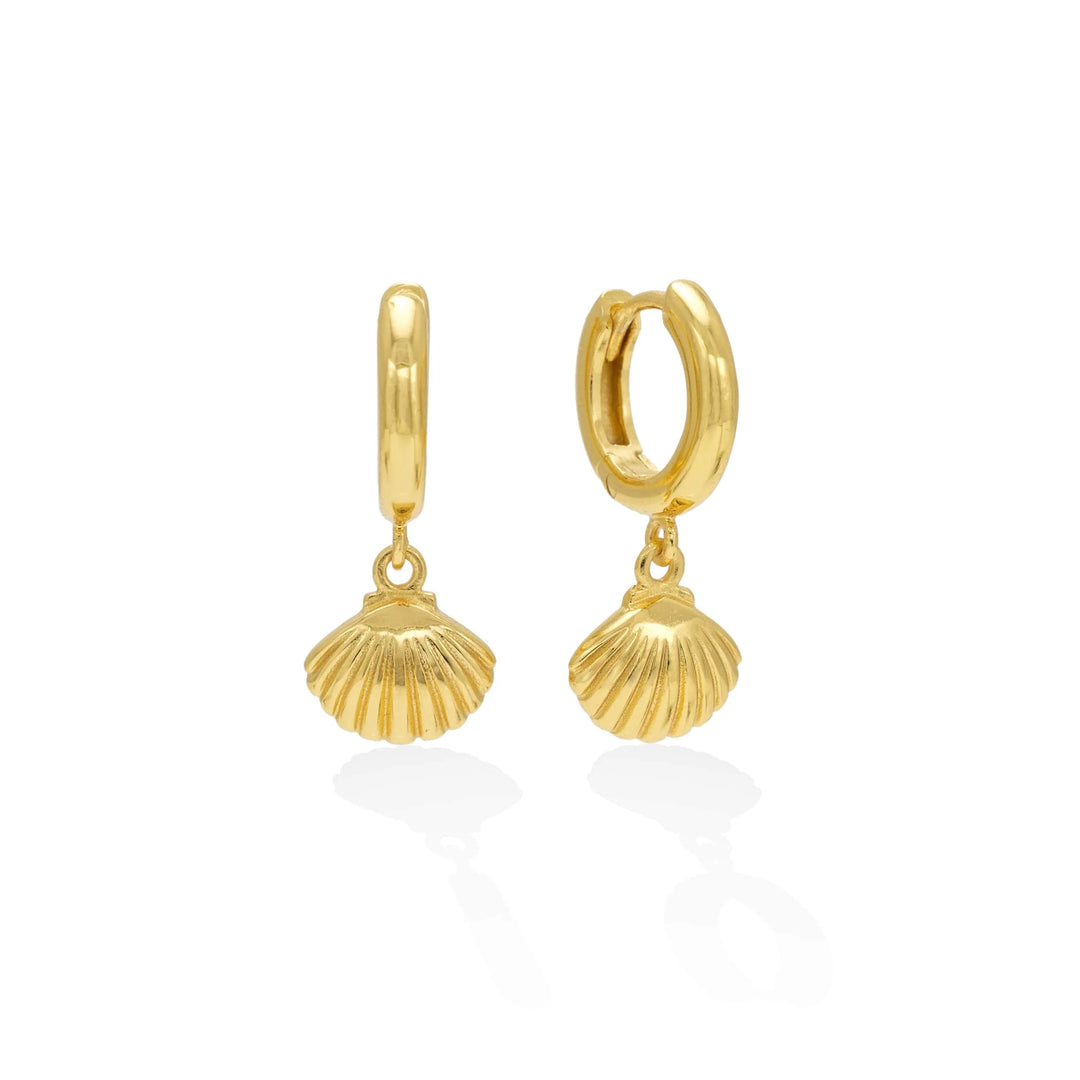 Lovers Tempo Demi-Fine Shell Charm Huggie Drop Hoop Earrings Gold*