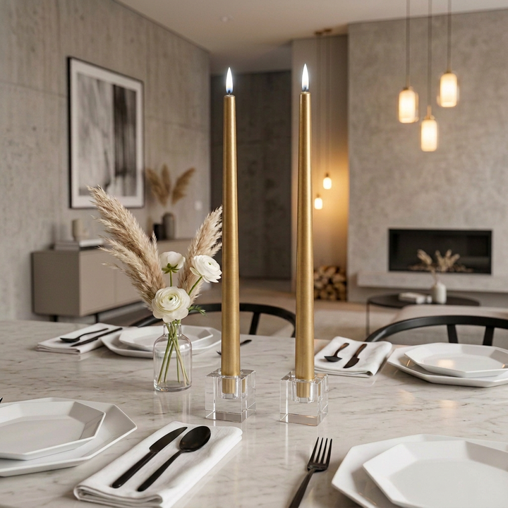 Uyuni LED Smooth Slim Taper Candle Set/2   Gold Finish