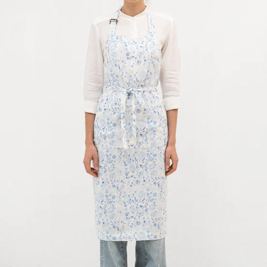 Linen Tales Daily Apron  -  White Botanical Blue