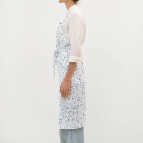 Linen Tales Daily Apron  -  White Botanical Blue