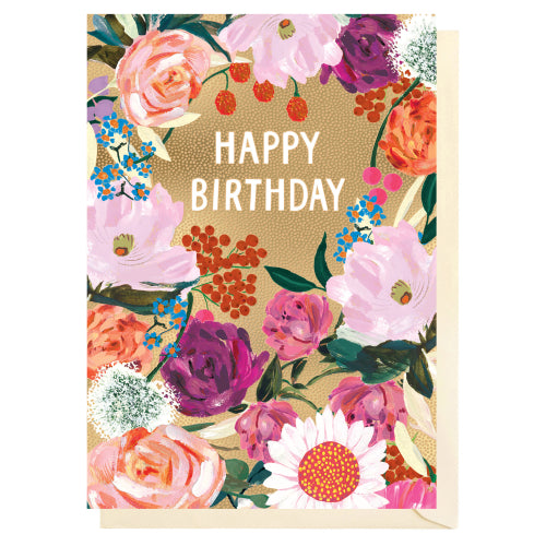 Louise Tiler Card  GB001  Happy Birthday Golden Flowers