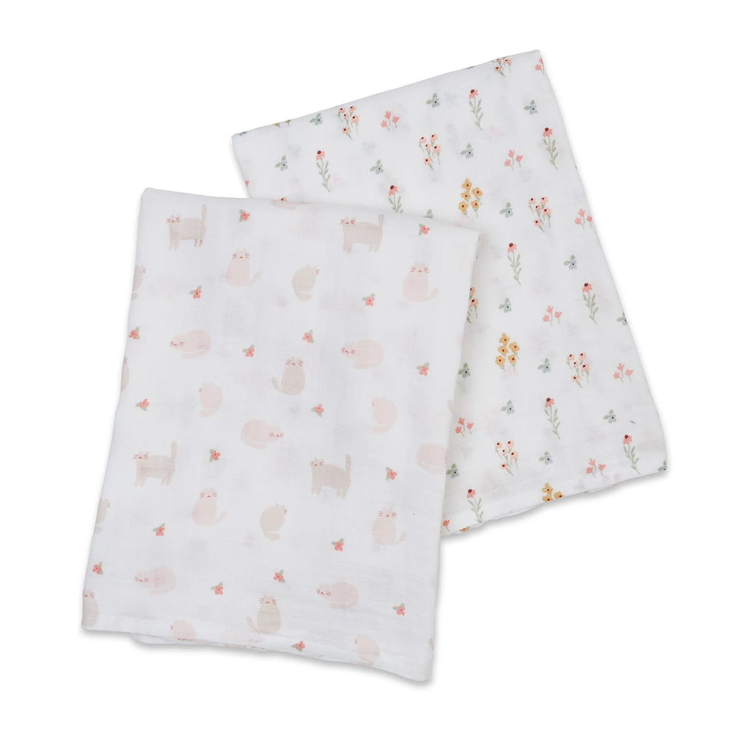 Lulujo Cotton Muslin Swaddles 2 Pk.   Kitty & Flower   LJ172