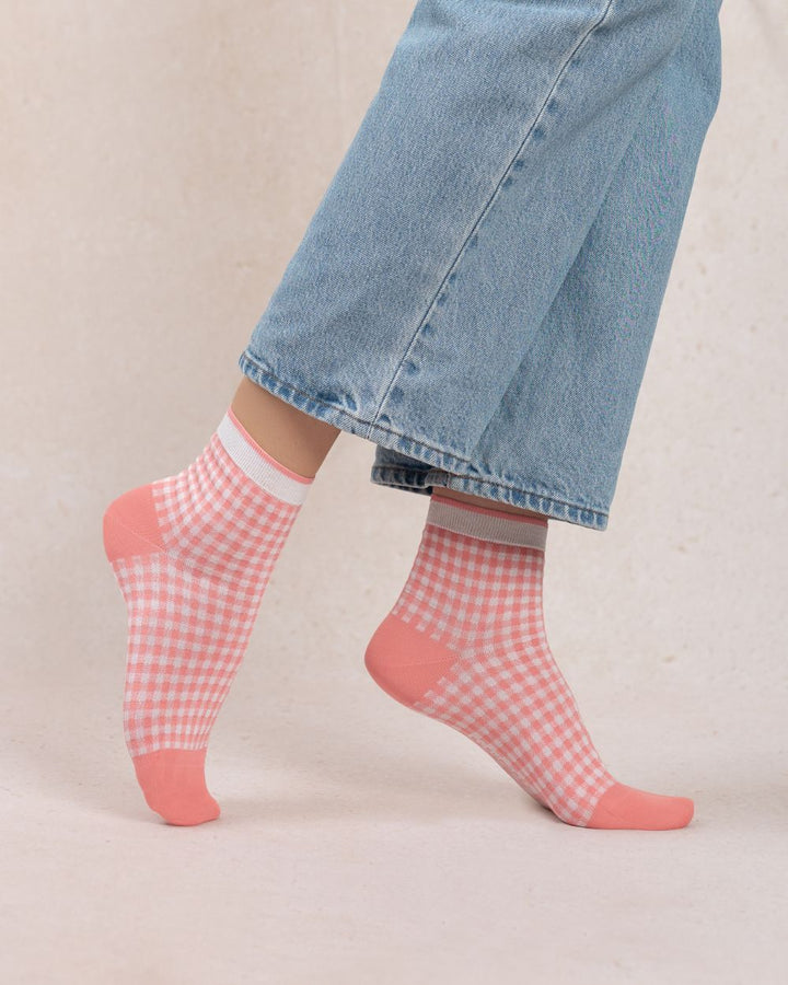 Bleuforet Ankle Sock  6601-lZ4 Amiral with Peach Pink Gingham Print