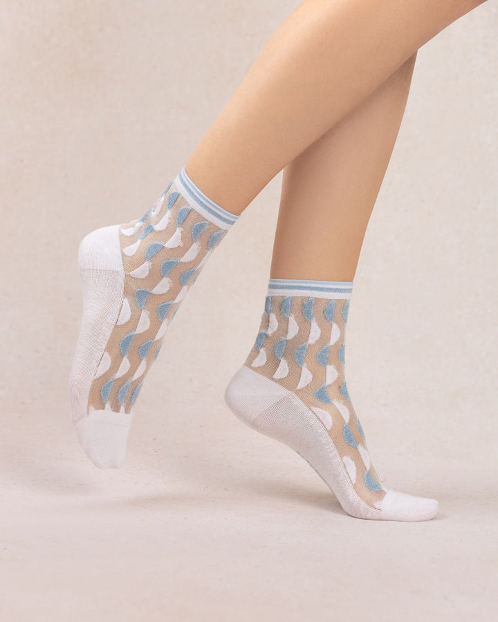 Bleuforet Sheer Ankle Socks  6609-DP3  White/Blue with Geometric Pattern