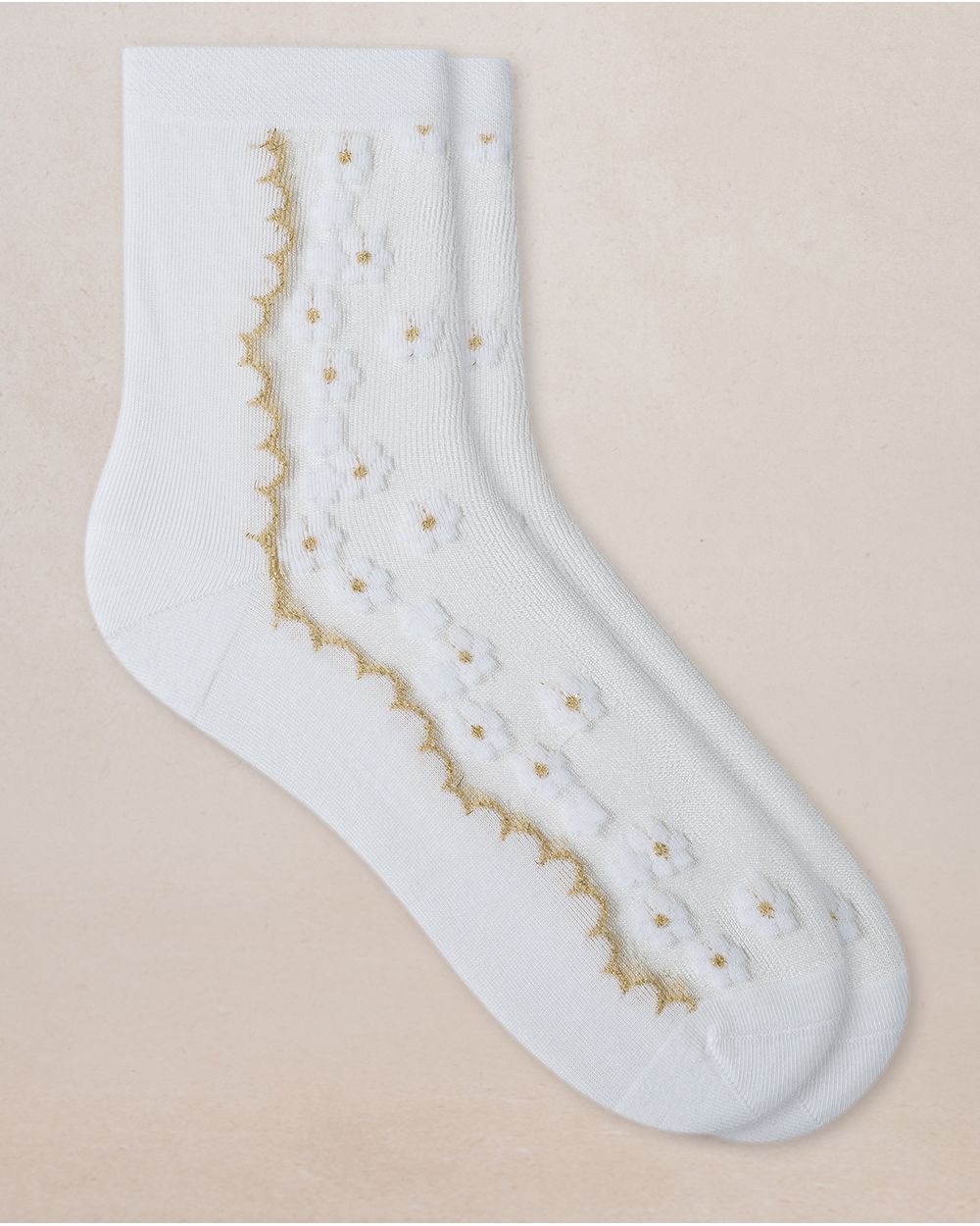 Bleuforet Sheer Ankle Sock with Flower Pattern  6547-BU3  White/Gold