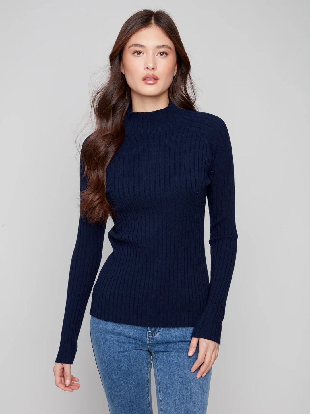 Charlie B Ribbed Knit Mock Neck Sweater  C2754RP-117  Navy