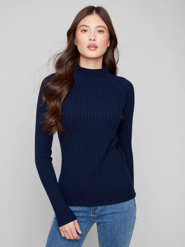 Charlie B Ribbed Knit Mock Neck Sweater  C2754RP-117  Navy