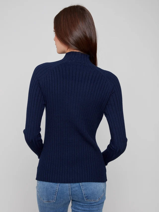 Charlie B Ribbed Knit Mock Neck Sweater  C2754RP-117  Navy