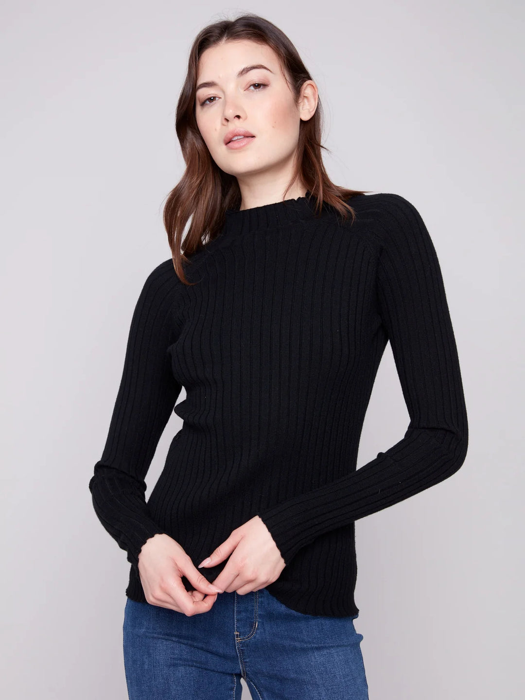Charlie B Basic Ribbed Knit Mock Neck Sweater  C2754RP-001  Black