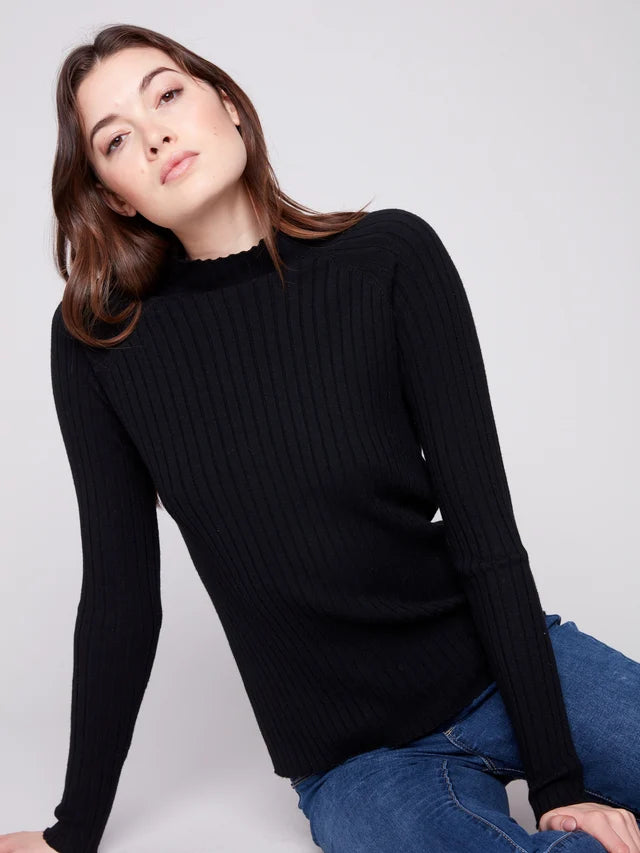 Charlie B Basic Ribbed Knit Mock Neck Sweater  C2754RP-001  Black