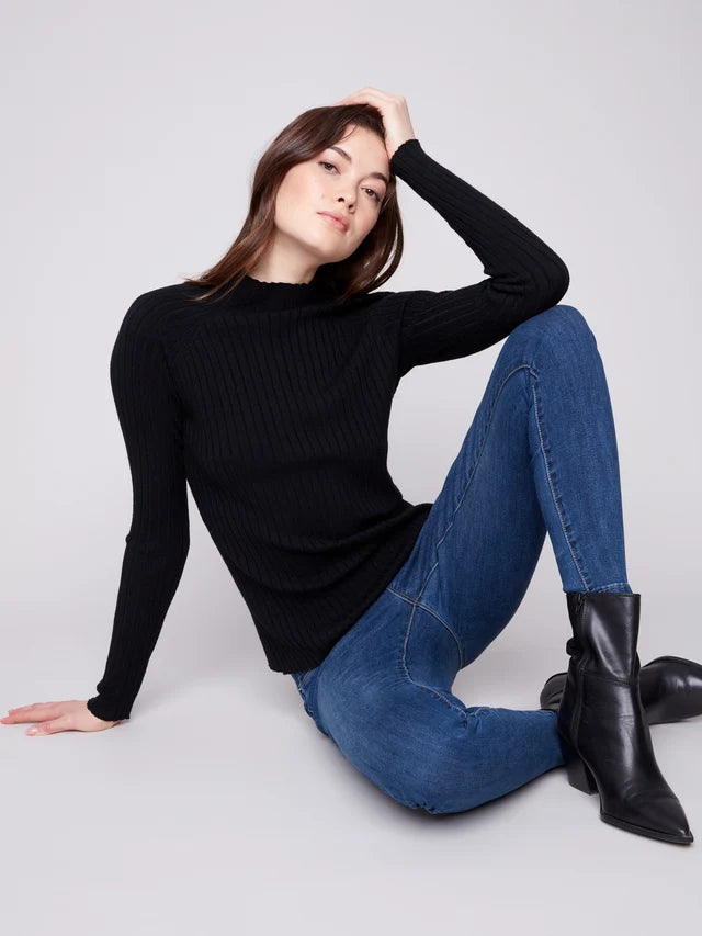 Charlie B Basic Ribbed Knit Mock Neck Sweater  C2754RP-001  Black