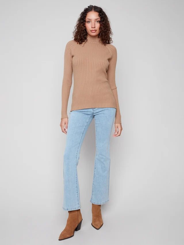 Charlie B Basic Ribbed Knit Mock Neck Sweater  C2457RP-610  Truffle