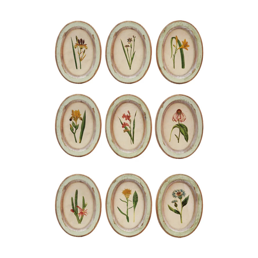 Creative Co-op Oval Wood Framed Glass Wall Decor  DG07A  Flowers