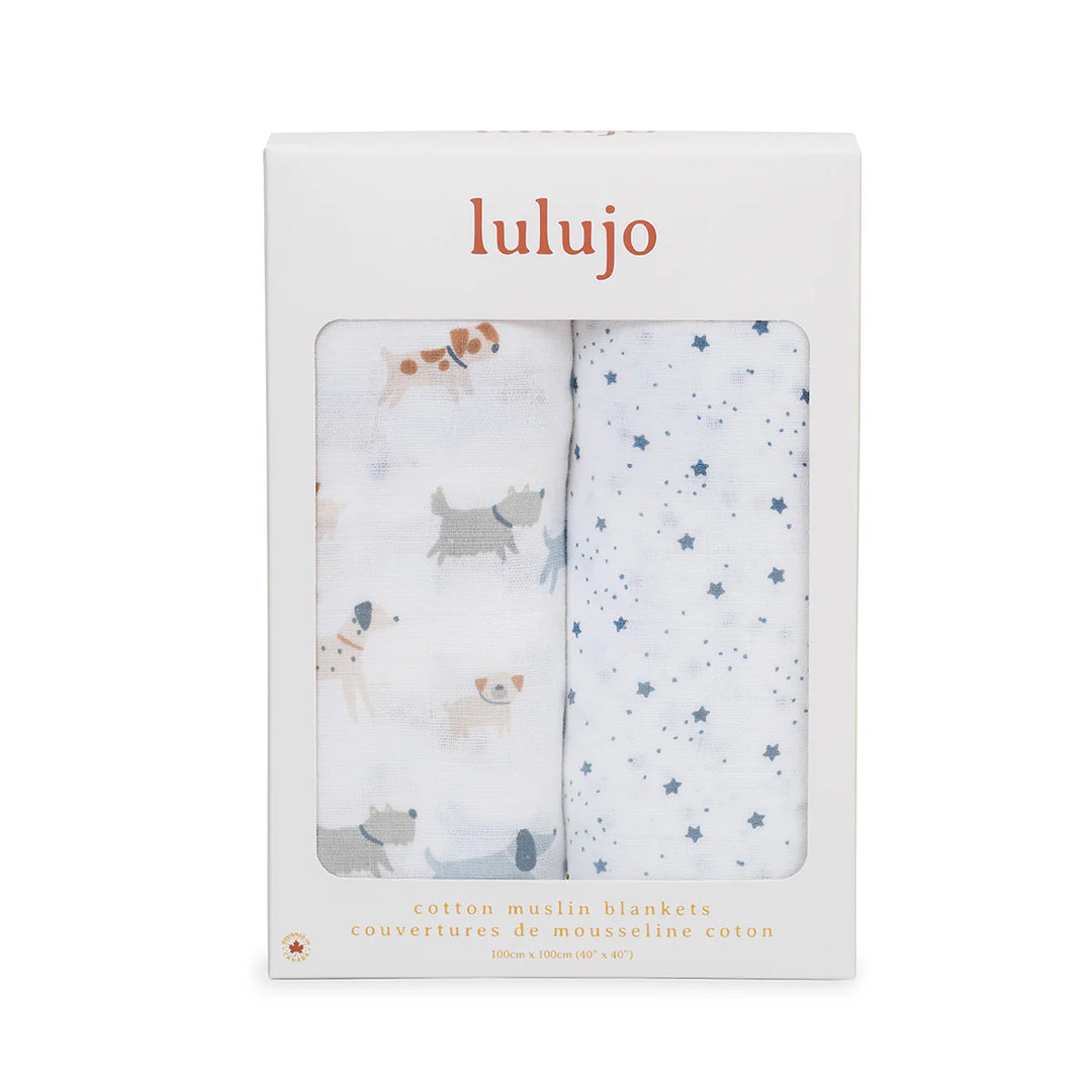 Lulujo Cotton Muslin Swaddles 2 Pk.   Puppy & Stars   LJ171