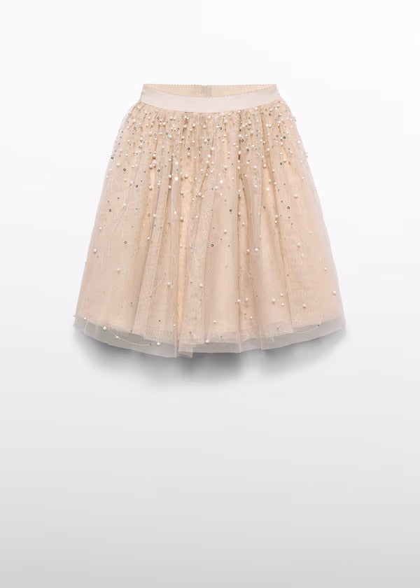 Abel & Lula Girls Midi Tulle Skirt With Pearl Detail    5526-3   Tostado