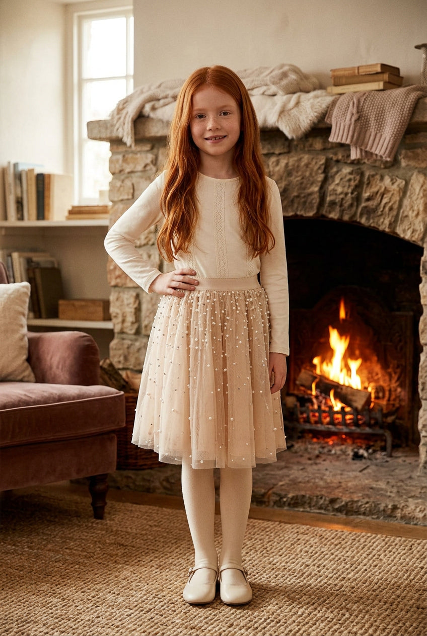 Abel & Lula Girls Midi Tulle Skirt With Pearl Detail    5526-3   Tostado