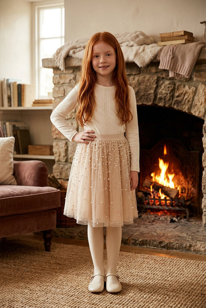 Abel & Lula Girls Midi Tulle Skirt With Pearl Detail    5526-3   Tostado