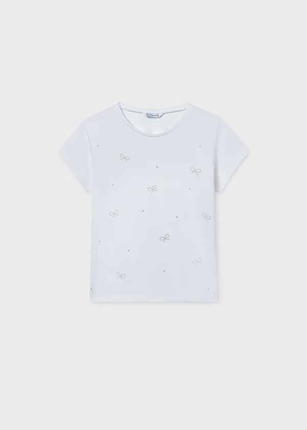 Mayoral Girls White Tee With Sequin Bows   854-86   Blanco